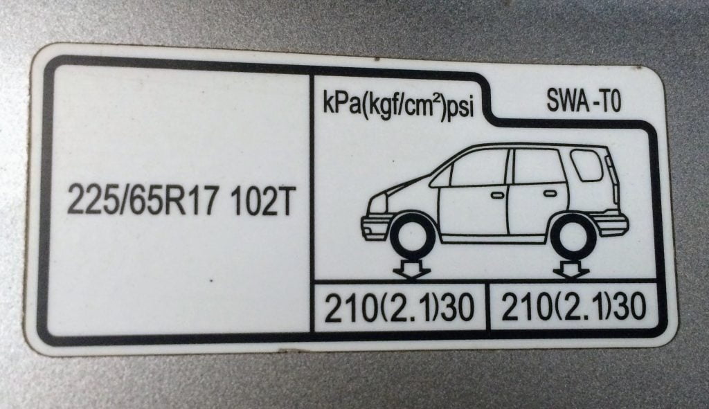 Honda CRV ရဲ့ တံခါးဘောင်မှာ တပ်ဆင်သင့်တဲ့ တာယာအရွယ်အစားနဲ့ ထိုးသင့်တဲ့ လေပေါင်ချိန်ကို ပြထားပါတယ်။