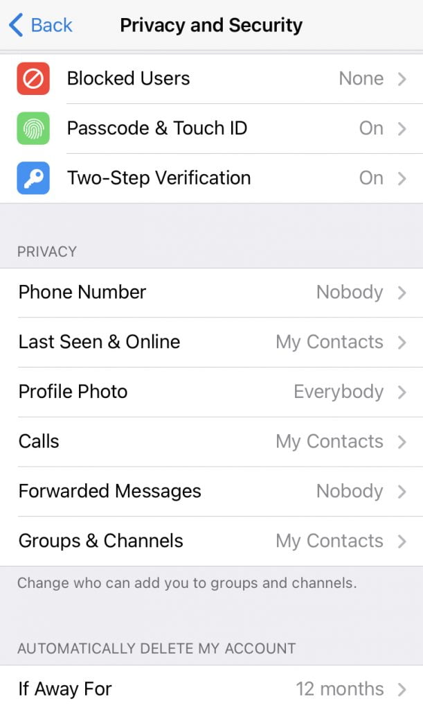 Recommended Telegram Privacy Settings တွေပါ